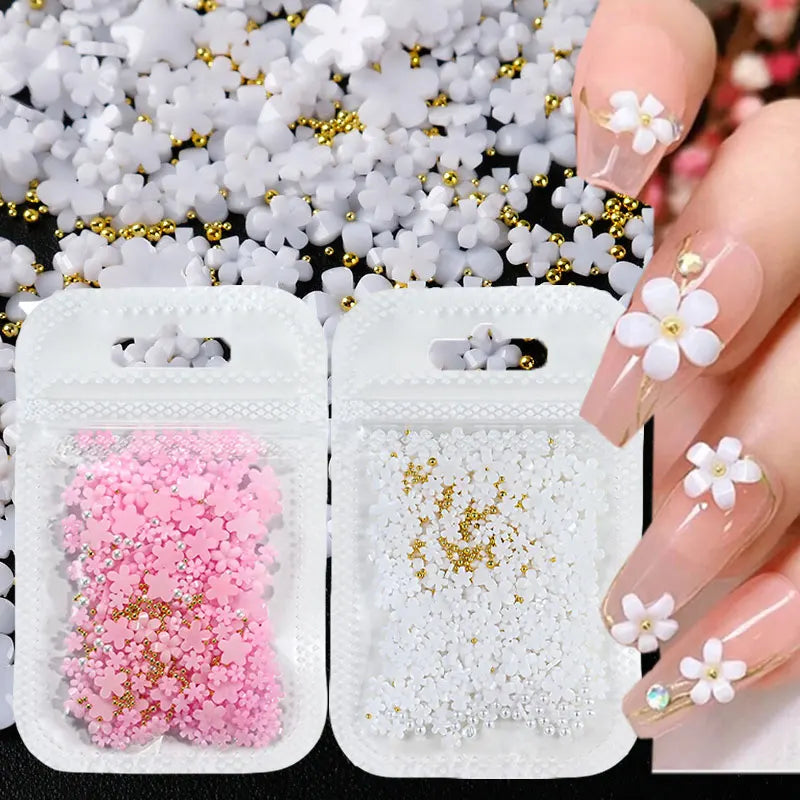 5G (450pcs) White Pink Blossom Spring Acrylic Flower Nail Rhinestones Mixed Pearl Beads 3D Floral Nail Gems White Resin Nail Par