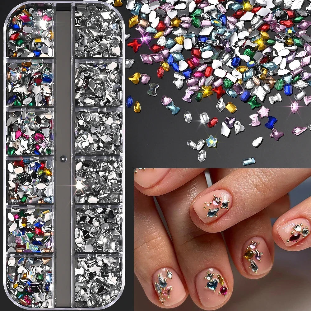 12Grids Ocean Gold Nail Art Charms Shell/Seahorse/Starfish White Half Round Pearl Gems 3D Mixed Punk Manicure Metal Rivets Studs