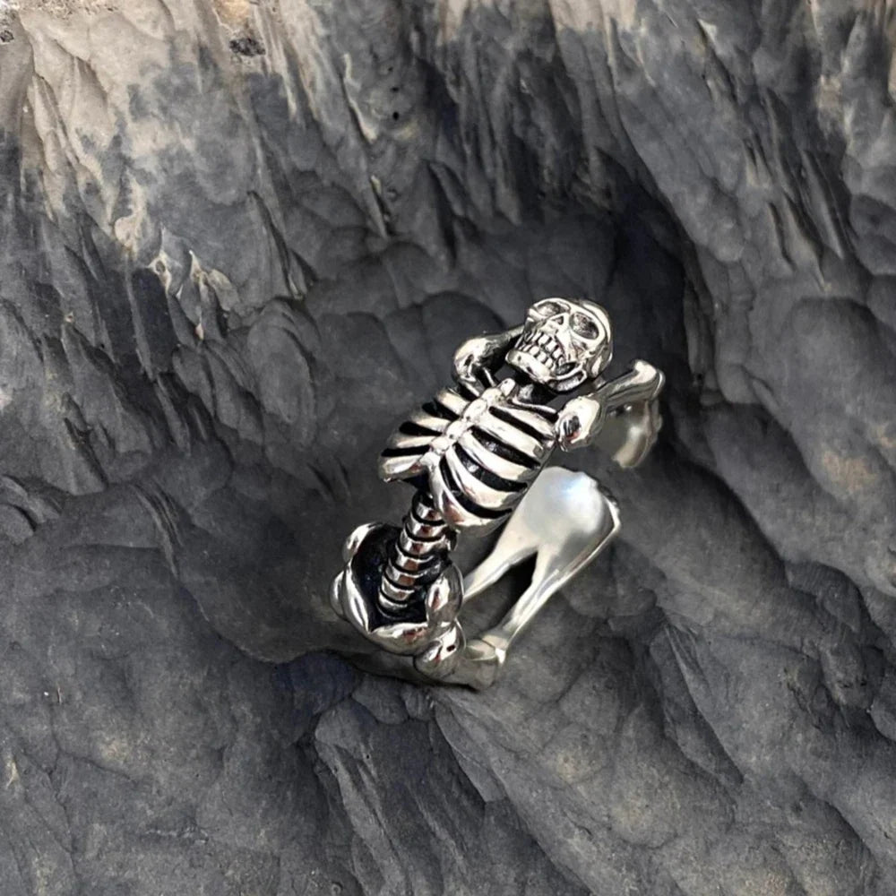 New Vintage Thai Silver Gothic Undead Skull Skeleton Cuff Finger Rings For Men Women Punk Fashion Jewelry Gift Party Y2K