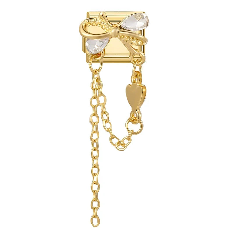 Fashion Dreamy Luxury Gold Color Series Red Heart Bows Zircon  Italian Charms Fit 9mm Stainless Steel Women Bracelet DIY Jewelry