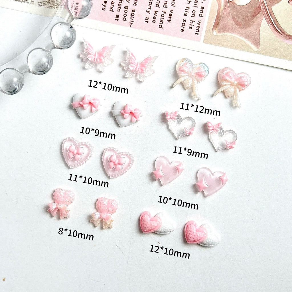 30PCS Double Heart Butterfly Pink Series Nail Art Charms Luminous Translucent Bow Four-pointed Star  Resin Nail Decorations DIY