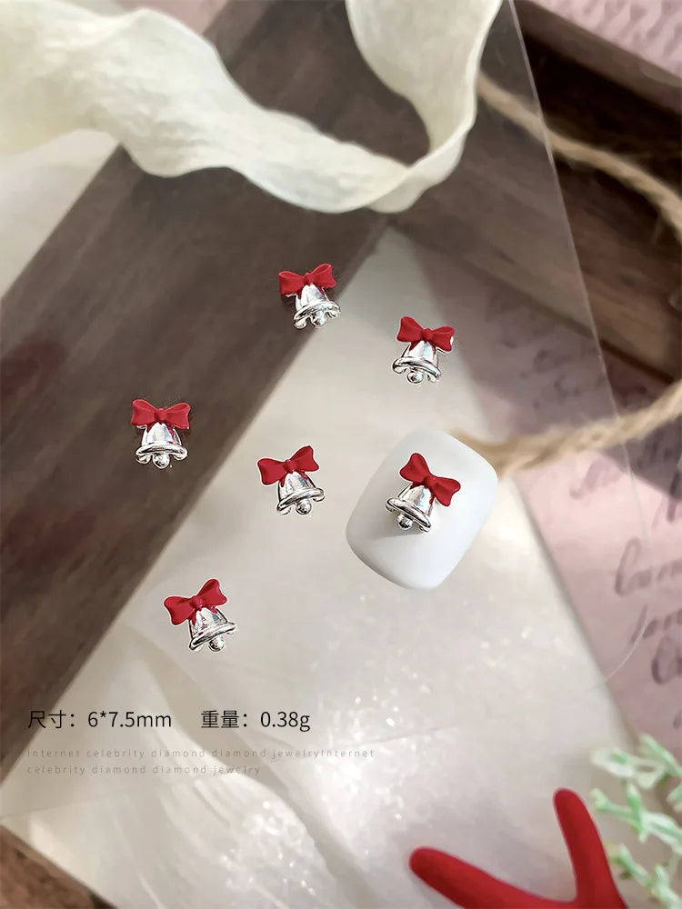 10pc 3D Christmas Bell Nail Art Charms Accessory Bow Gold and Silver Alloy Exquisite Bell Luxury Nails Decorations Supplies DIY