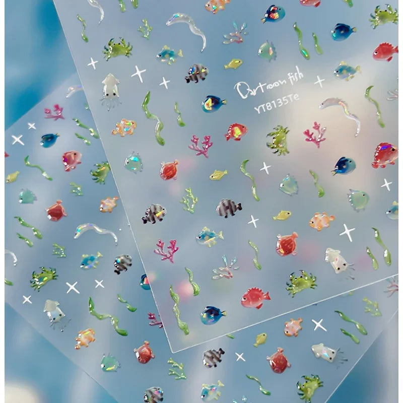 Summer Ocean Theme Nail Sticker Cute and Colorful Fish Seaweed Patterns Self Adhesive Nail Art Sticker Decorations Nail Stickers