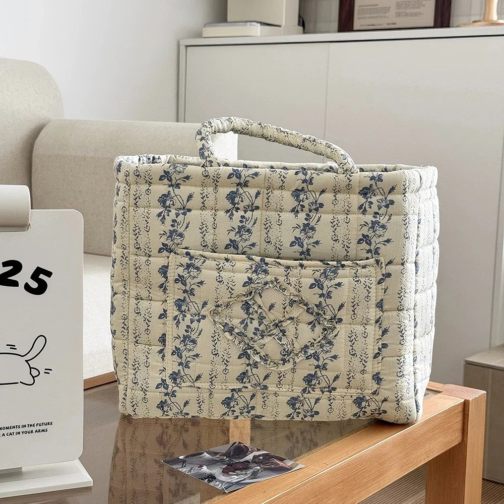 Airfriend Vintage Floral Organizers Basket With Handle Portable Home Room Quilted Foldable Storage Basket For Snack Clothes Toys