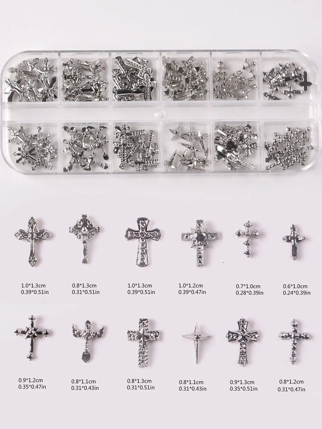 TSZS 12 Grids Y2K Silver Cross Nail Art Charms Mix Design Punk Starlight Cross with Wing Nail Decoration