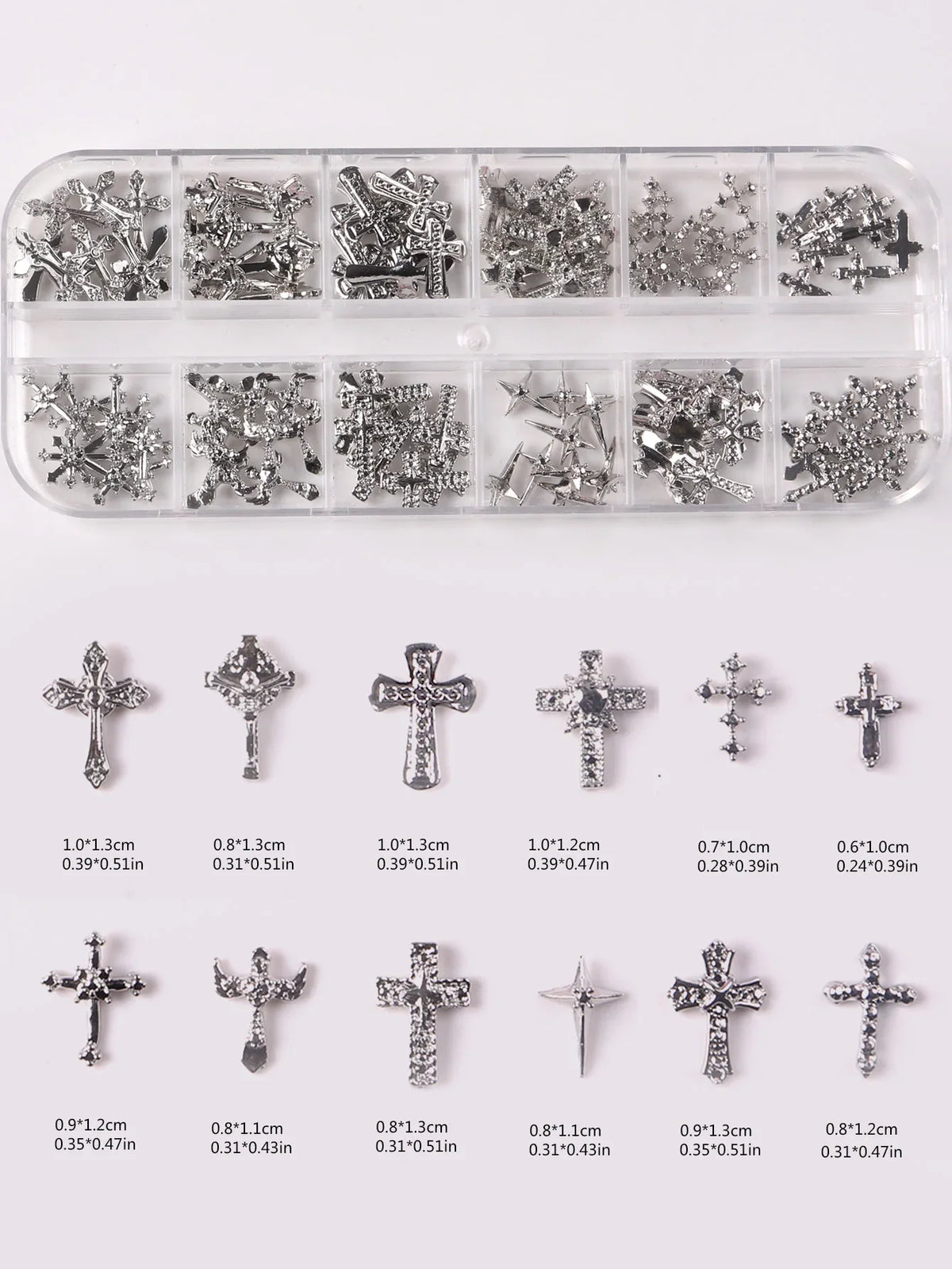 TSZS 12 Grids Y2K Silver Cross Nail Art Charms Mix Design Punk Starlight Cross with Wing Nail Decoration