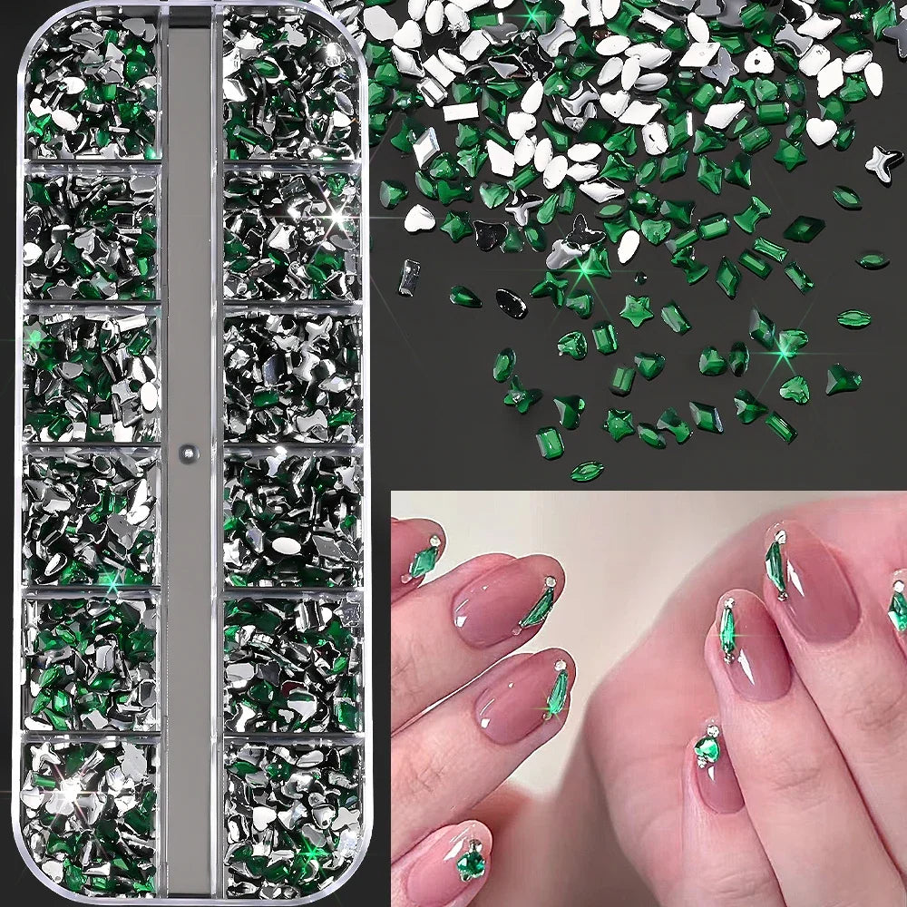 12Grids Ocean Gold Nail Art Charms Shell/Seahorse/Starfish White Half Round Pearl Gems 3D Mixed Punk Manicure Metal Rivets Studs