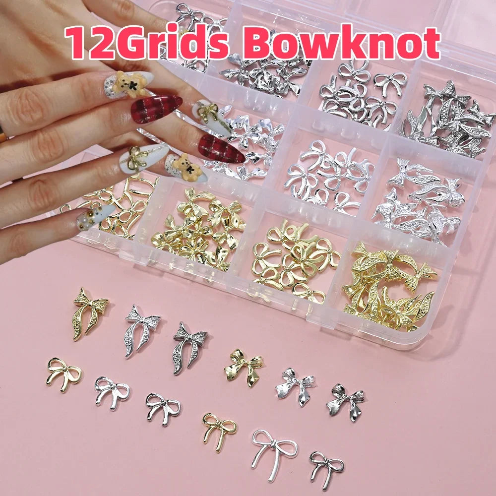 96/50Pcs 3D Bowknot/Ribbon Metal Nail Art Charms Sliver/Gold Alloy Bows Nails Rhinestones Decor Luxury DIY Manicure Accessories