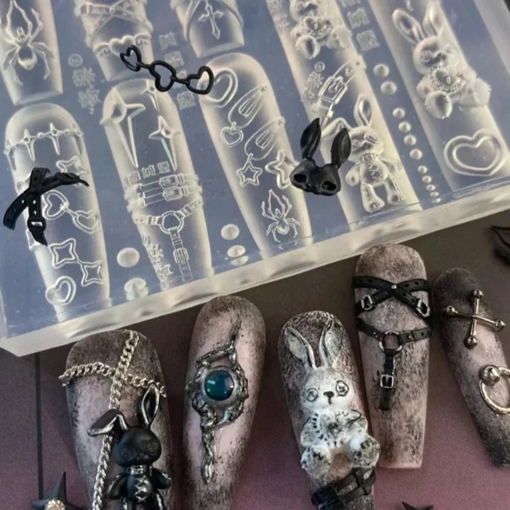 3D Rabbit Punk Sweet Nail Mold Funny Bow Heart Cute Manicure Mold for DIY Charms Transparent Tools Home Y2K Nail Decoratrion