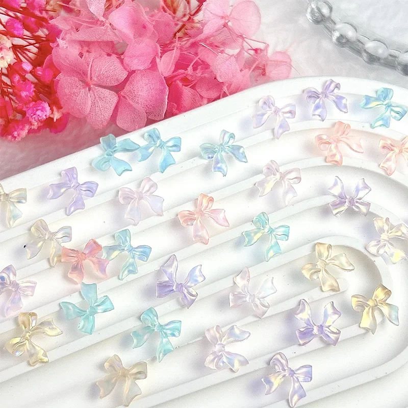 50pcs 3D Aurora Clear Resin Bow Nail Art Charms Cute Butterfly Glitter Nails Decoration Supplies Jewelry Accessories DIY