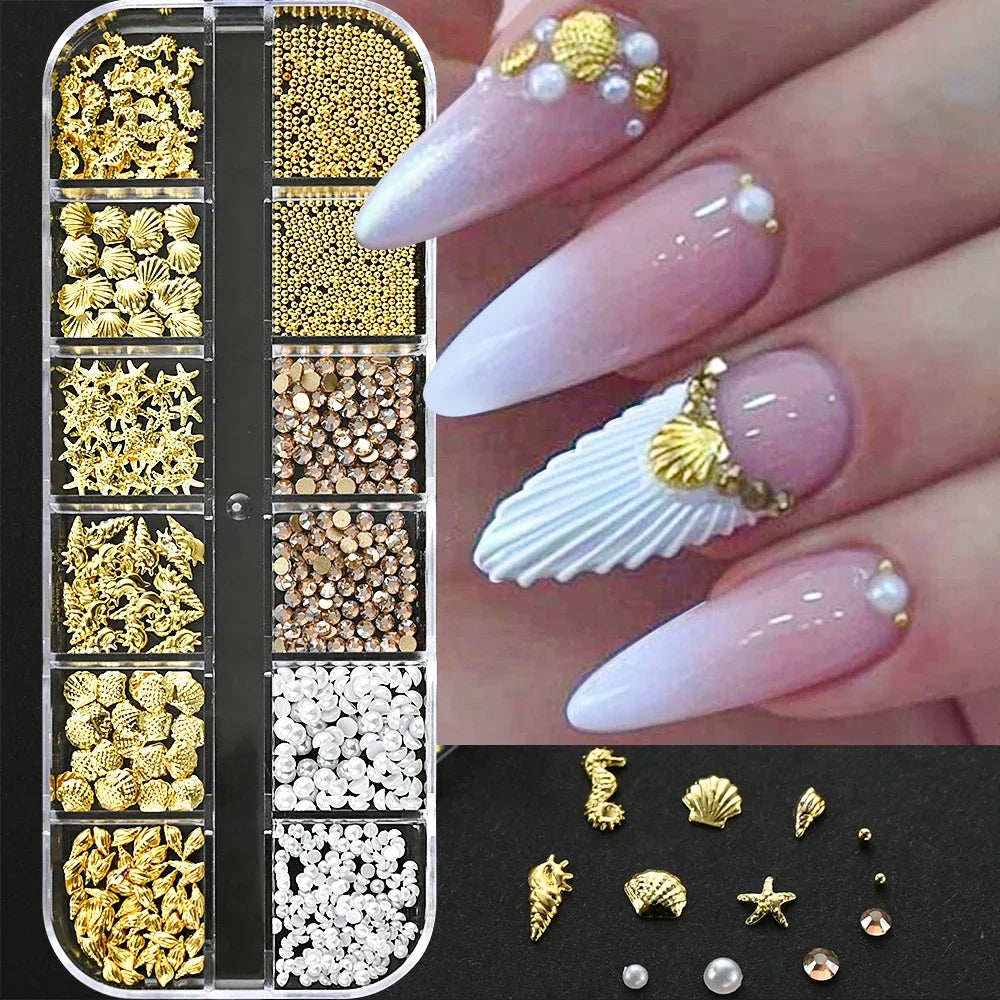 12Grids Ocean Gold Nail Art Charms Shell/Seahorse/Starfish White Half Round Pearl Gems 3D Mixed Punk Manicure Metal Rivets Studs