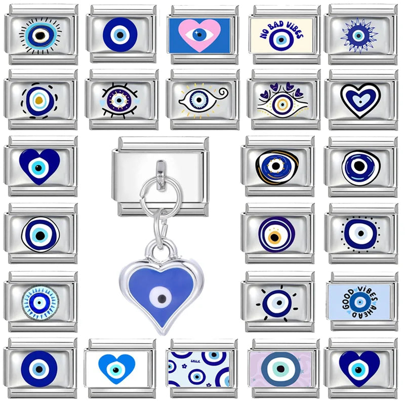 Wholesale New 2025 Devil Eye Blue Eye Heart Square Beads fit Italian Charm Links 9mm Stainless Steel Bracelet Jewelry DIY Making