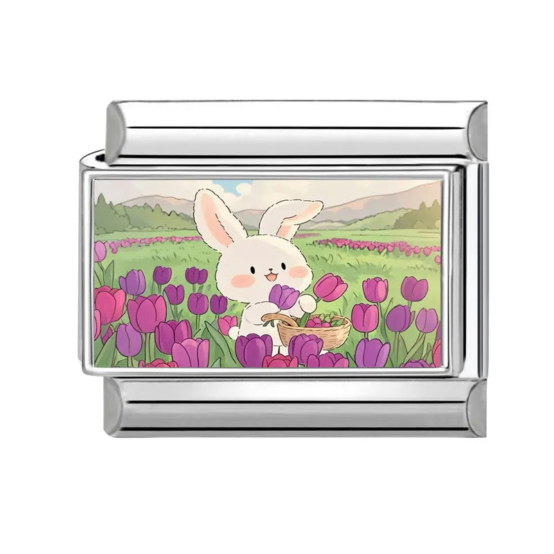 Easter Colorful Rabbits Series Beautiful Flowers Italian Link Fit 9mm Stainless Steel Bracelet Jewelry Making DIY Gift Wholesale