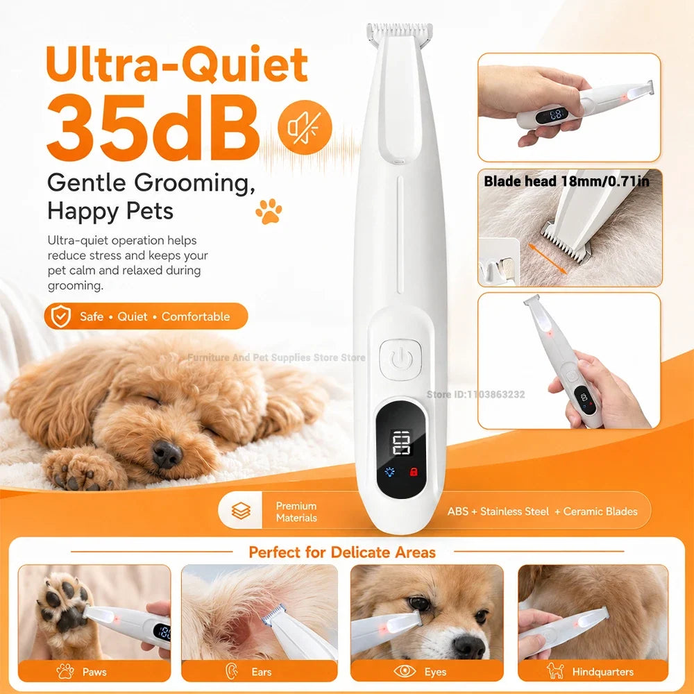 Pet Dog Electric Beauty Trimmer Waterproof Pet Foot Hair LED/UV Light Trimmer Low Noise Cat Dog Face Foot Ear Hip Claw Shaver