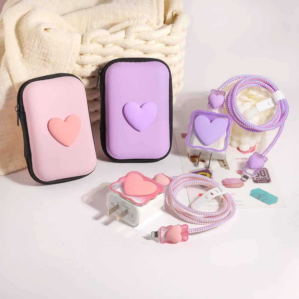 6PCS 3D Love Heart Silicone Charger Cable Protector Case Storage Bag For iPhone 20W 18W Charging Head Protective Cover Organizer