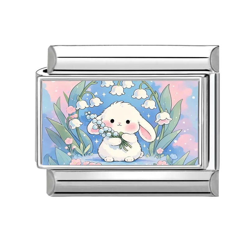 Easter Colorful Rabbits Series Beautiful Flowers Italian Link Fit 9mm Stainless Steel Bracelet Jewelry Making DIY Gift Wholesale