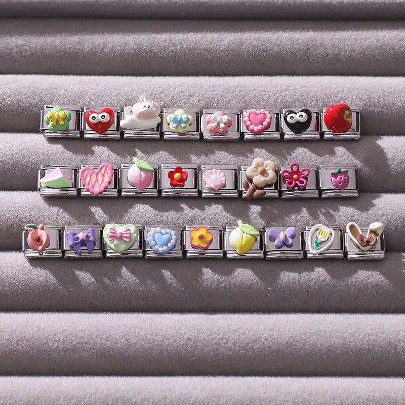 Cute Dog Heart Bow Peach Watermelon Rabbit Ear Italian Charm Links Fit 9MM Stainless Steel Bracelet Women Men Jewelry DIY Making
