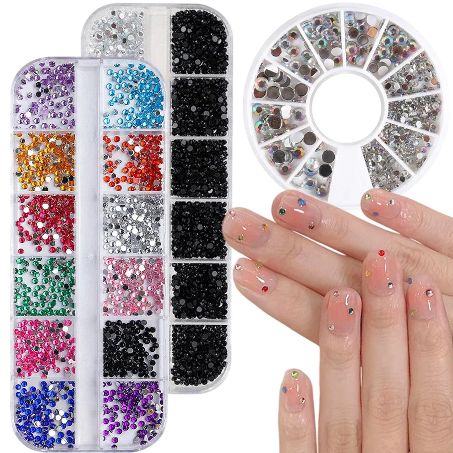 12 Colors Flatback Nail Art Rhinestones Nail Gems Glass AB Clear Crystal Rhinestones Nail Art Charms DIY Manicure Accessories