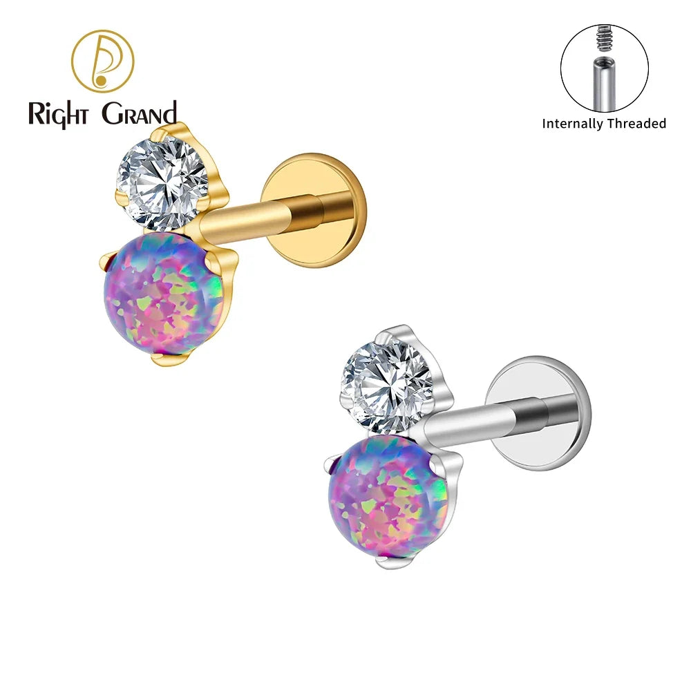 Right Grand ASTM F136 Titanium Opal and CZ Lip Stud Helix Earring 16G Internally Threaded Tragus Cartilage Conch Labret Piercing