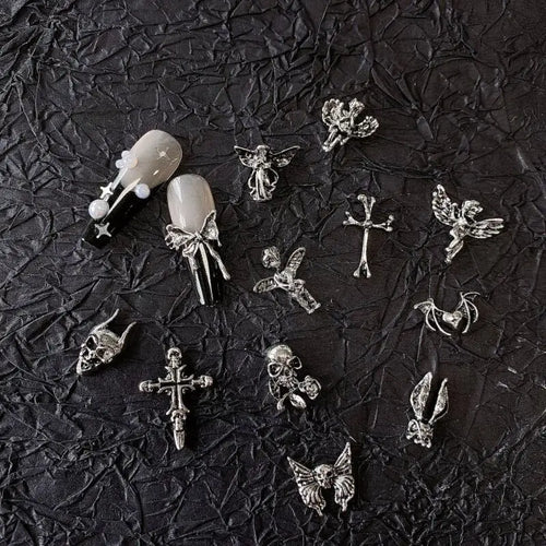 10pcs Gothic Punk Style Nail Art Charms Antique Silver Alloy  Jesus Catholic Cross Accessories Devil Angel Nail Decorations