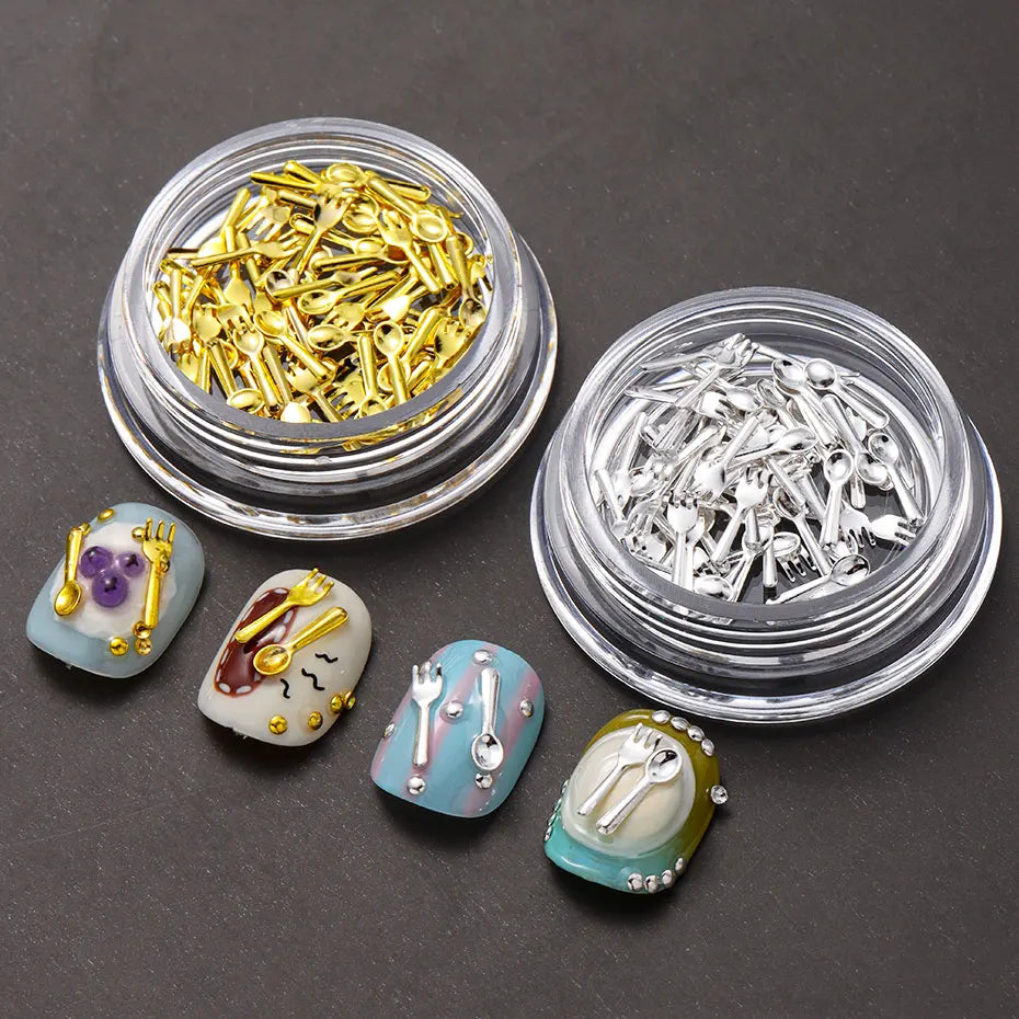 1/2 Boxes Gold Fork & Spoon Nail Decor Funny Mini Silver Tableware Nail Art Charms Korean Cute Alloy Nail Manicure Accessories