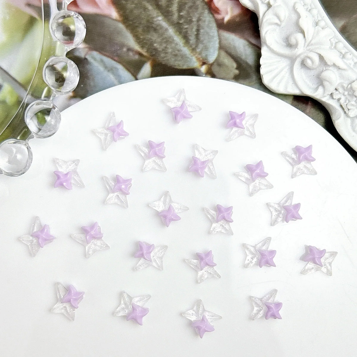 50PCS Transparent Resin Moon Cloud Nail Art Charms with White Purple Sparkling Four-pointed Star Nail Decoration DIY Nail Crafts