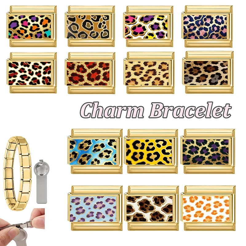 New Fashion Leopard Pattern Series Y2K Golden Italian Charm Links Fit 9MM Stainless Steel Bracelet DIY Making Jewelry