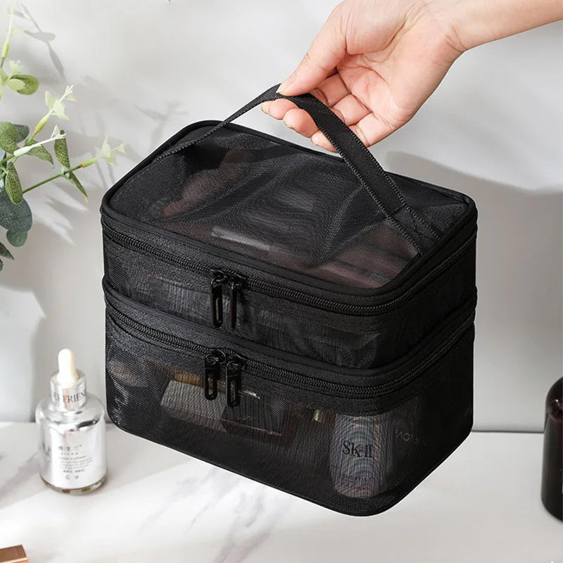 Mesh Cosmetic Bag Portable Handheld Zipper Makeup Organizer Bag Transparent Travel Toiletry Wash Storage Handbag