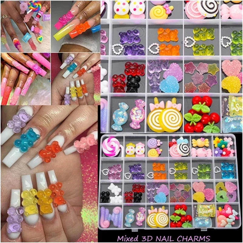 20PCS Multi Shape Kawaii Accessories Nail Art Charms Sweet Candy Gummy Bear Lollipop Resin Nail Art Rhinestion Decoration