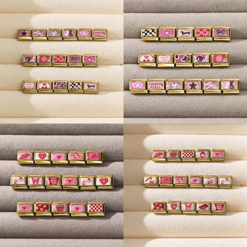 Y2K Wholesale 777 Flowers Dachshund Dogs Gold Italian Charm Link Fit 9mm Stainless Steel Jewelry DIY Making Women Bracelets Gift