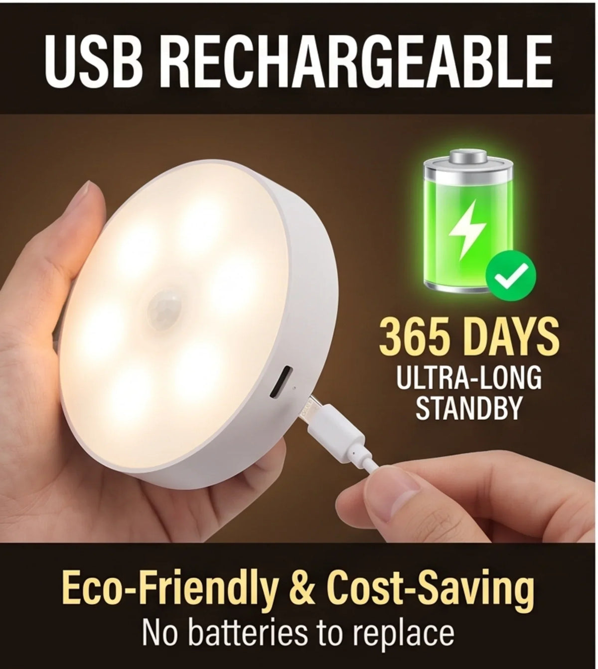 Warm LED Night Light with Motion Sensor USB Rechargeable Wireless Lamp for Cabinet Wardrobe Staircase Closet Lighting