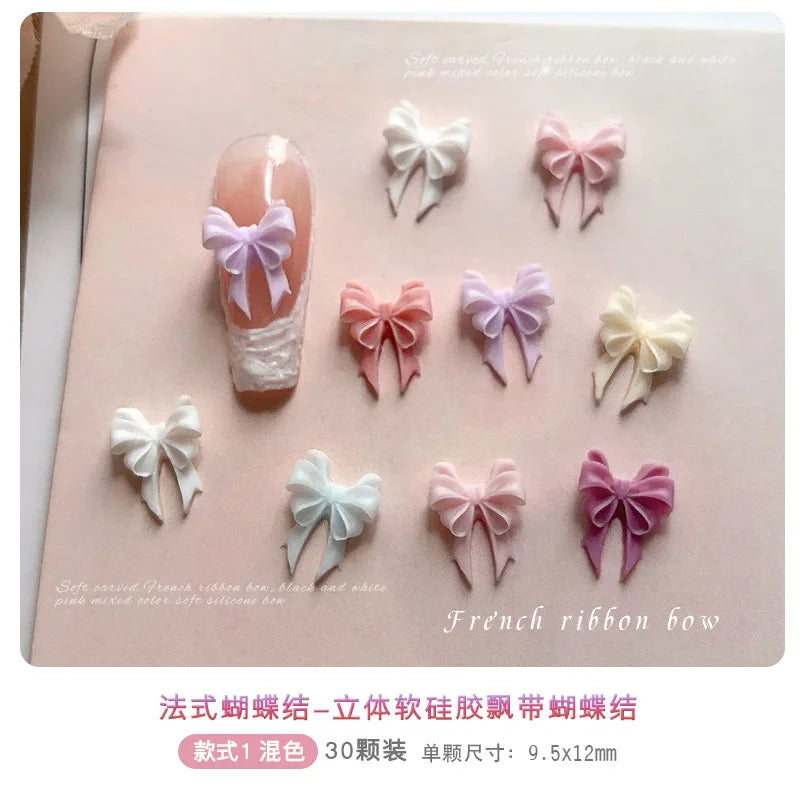 30Pcs Soft Acrylic Ribbon Bow Tie Nail Art Charms Accessories For Manicure Decor Sweet Girl Nails Decoration Supplies Material