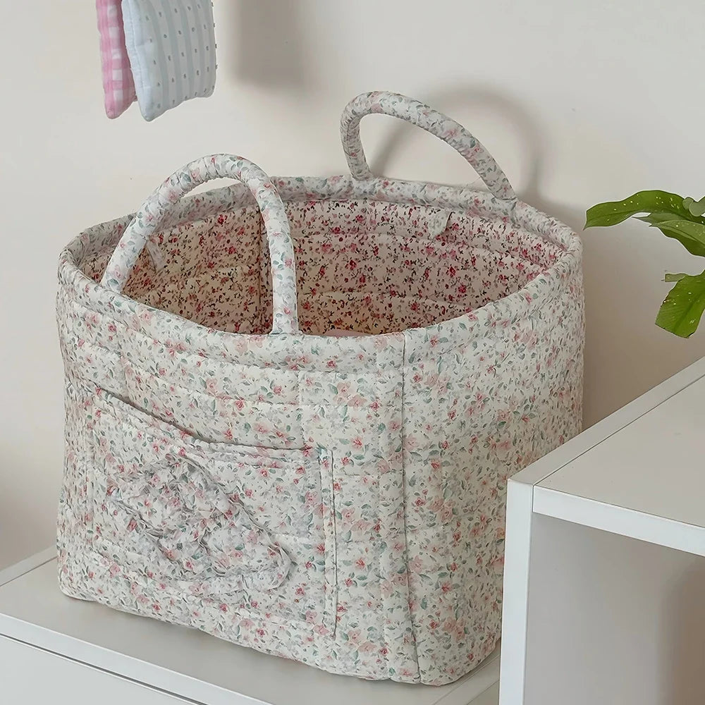 Airfriend Vintage Floral Organizers Basket With Handle Portable Home Room Quilted Foldable Storage Basket For Snack Clothes Toys