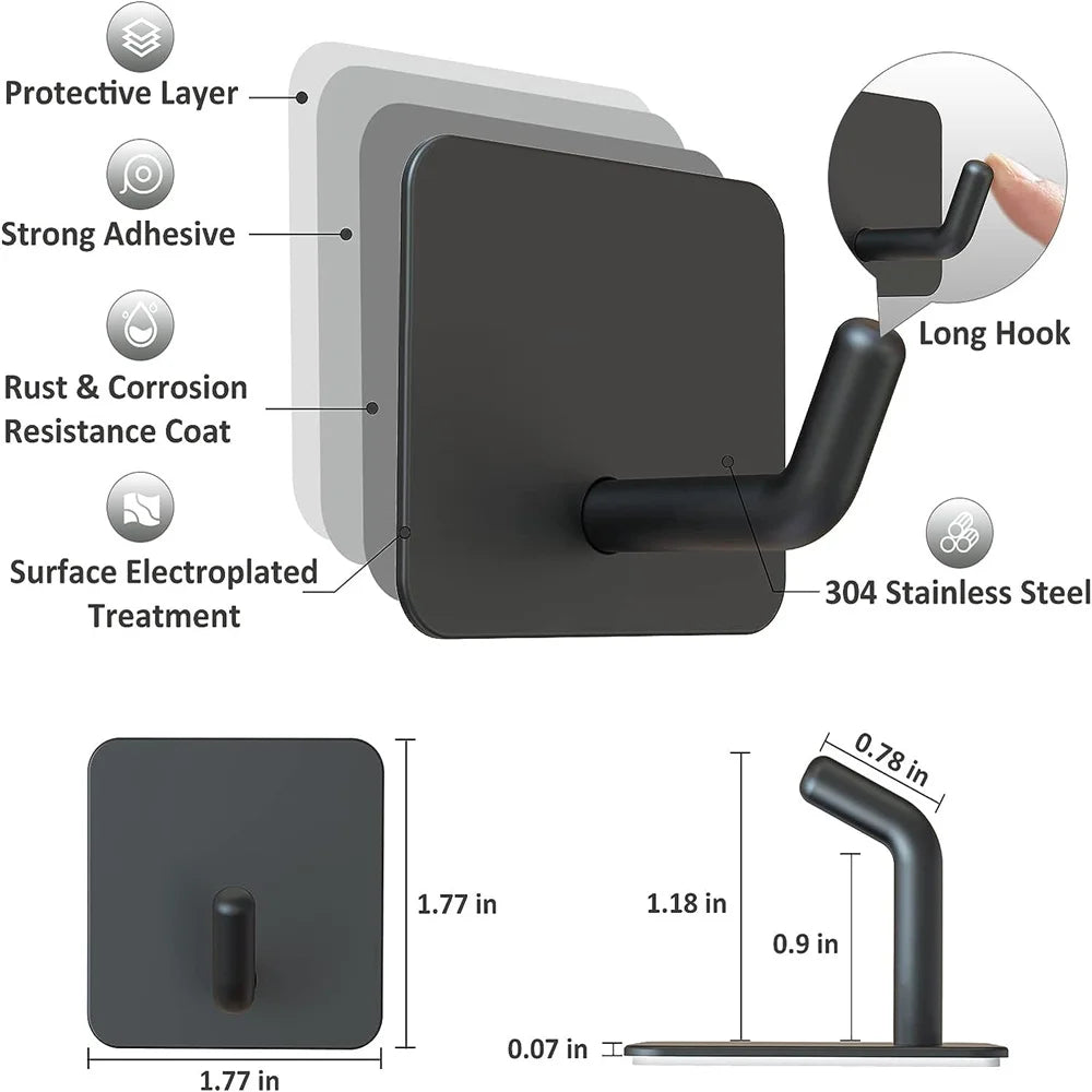 SUS304 Stainless Steel Adhesive Hook Self Adhesive Wall Hooks Hanger Heavy Duty Waterproof Storage Holder Stick on Towel Hooks