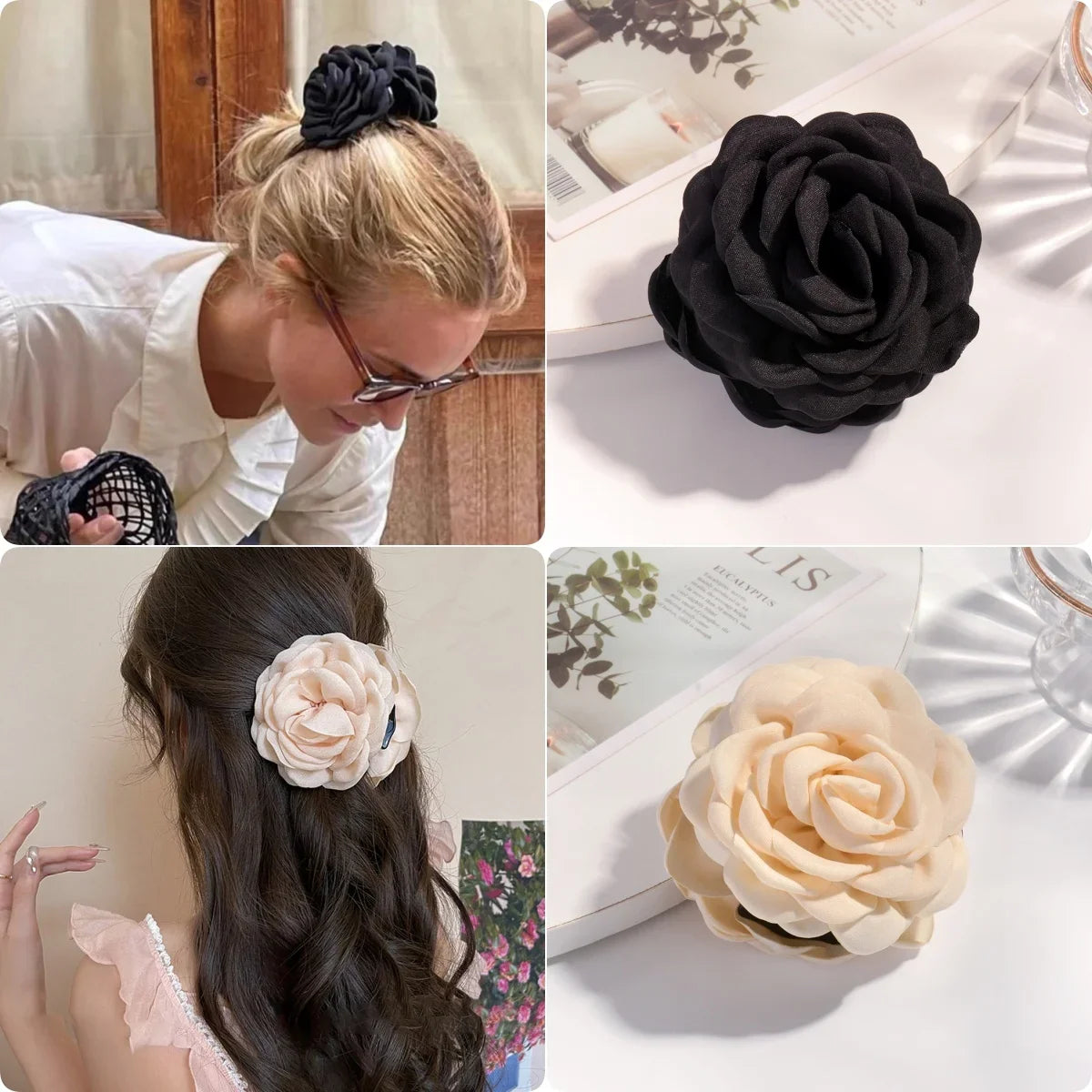 16 Colors Sweat Medium Size Cotton Fabric Rose Flower Hair Claw Clips for Women Korean Ctach Shark Clamp Hair Accessories 2024