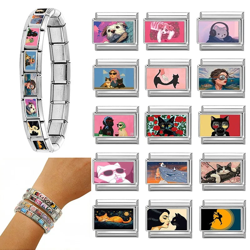 Wholesale Fashion Personalized DIY Colored Italian Charm Bracelet Red Rose Flower Cats Bead 9mm Bracelet Stainless Steel Jewelry