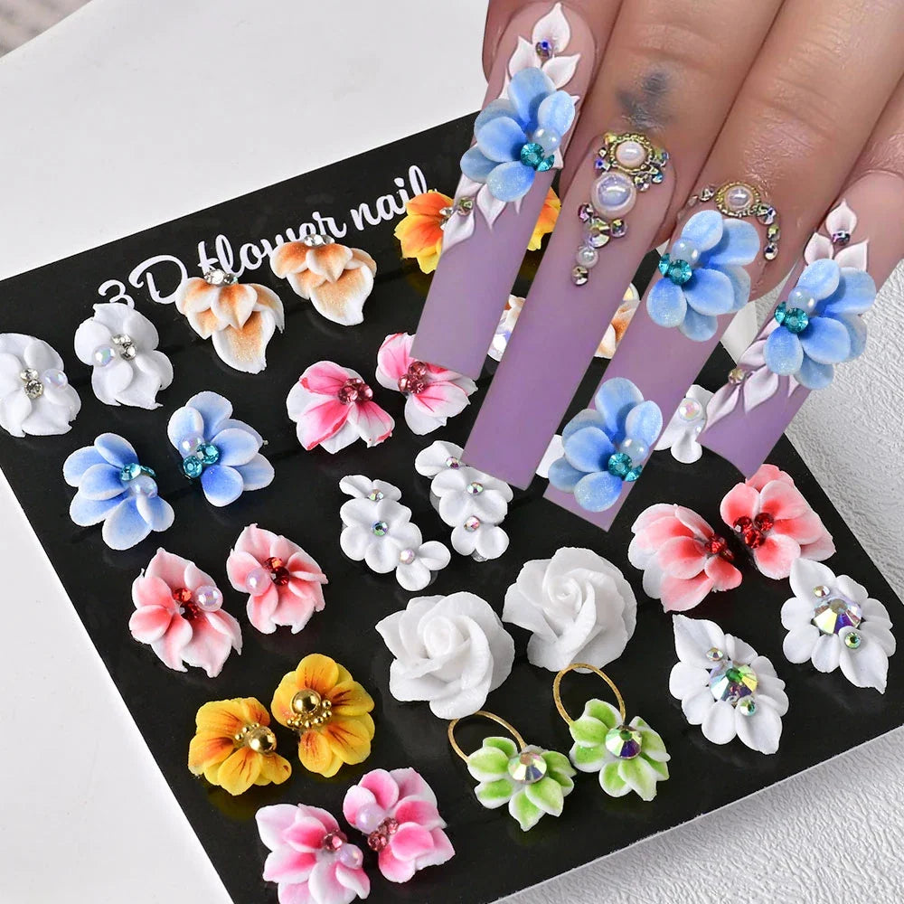 10/30PCS 3D Handmade Acrylic Carved Flower Nail Art Charms Pearl Rhinestone Sculpted Floral Jewelry Cherry Blossom Nail Supplies