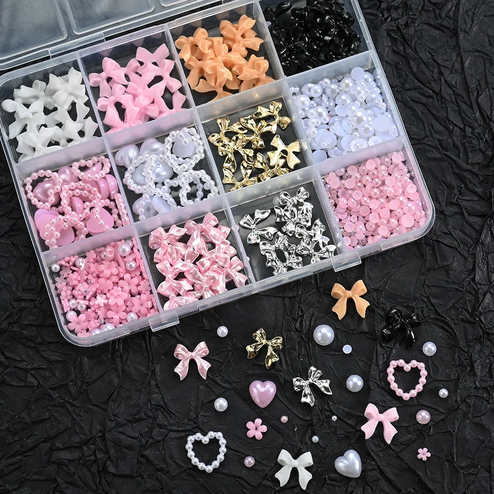 12Grids 3D Multi-Colors Ribbon Flower Nail Art Charms Simulated Perals Love,Metal Bowknot Nail Decoration DIY Manicure Accessory