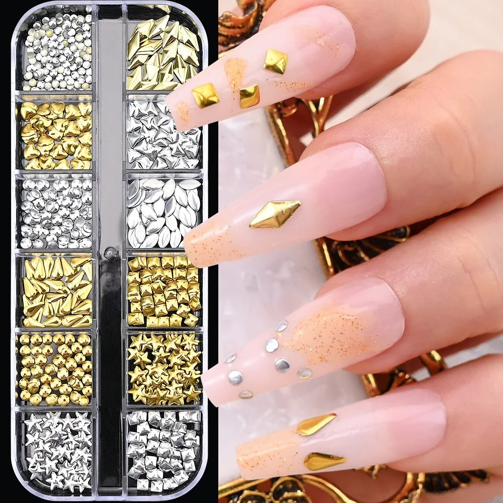 12Grids Ocean Gold Nail Art Charms Shell/Seahorse/Starfish White Half Round Pearl Gems 3D Mixed Punk Manicure Metal Rivets Studs
