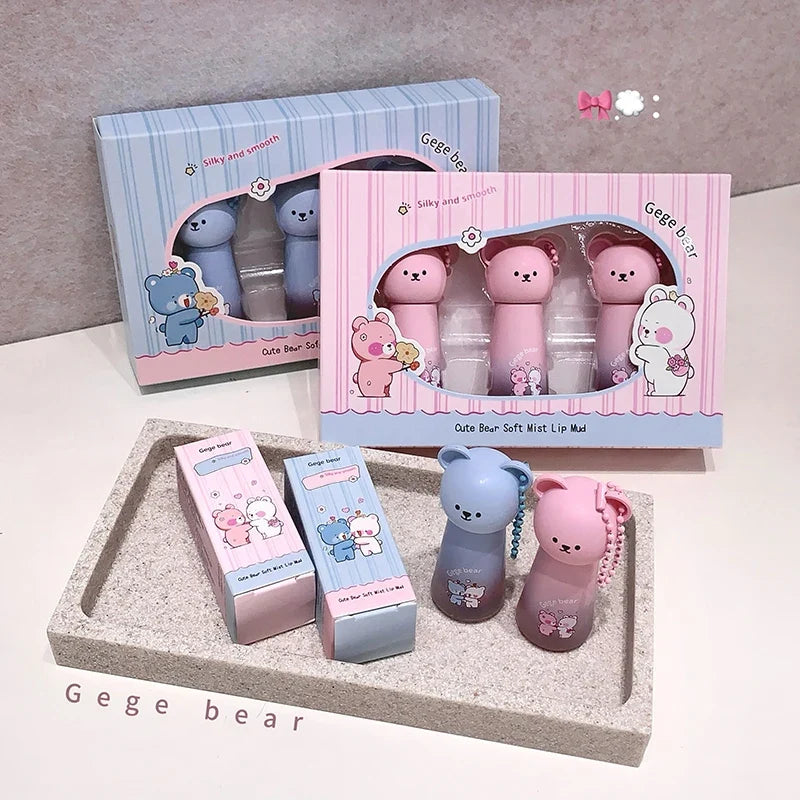 Gege Bear Cute Bear Pendant Matte Lip Glaze, Matte Velvet Lip Clay Long-lasting Color Non-drying Autum Winter Lipstick