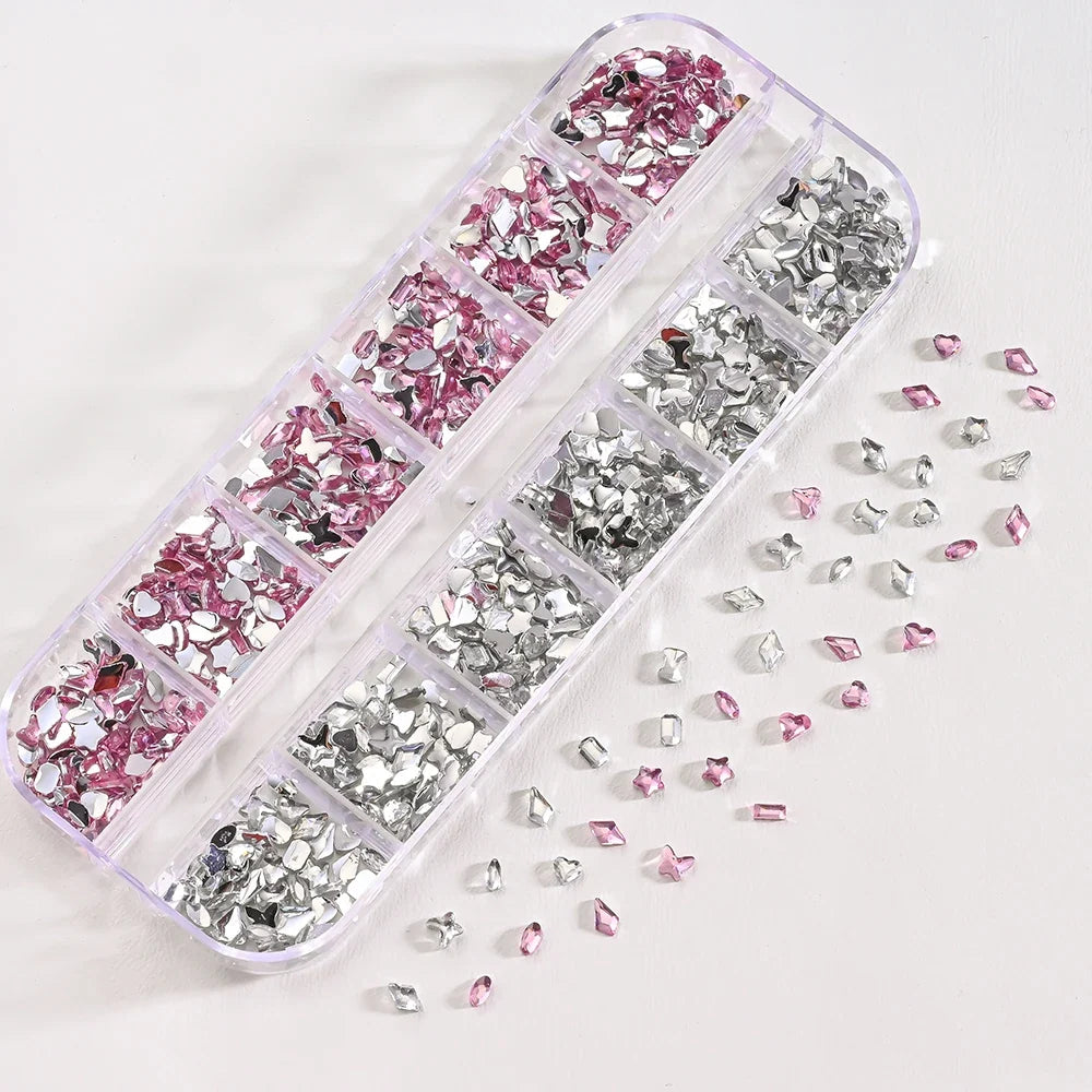 12Grids 3D Acrylic Flowers Nail Charms(with Steel Beads) Colorful Five-petal Flower Nail Art Decorations DIY Manicure Supplies &