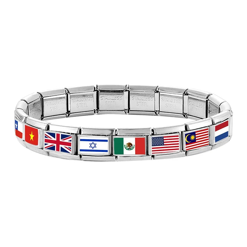 2025New Colorful World National Flag Photo Italian Charm Link Fit 9mm Women Men Bracelet Stainless Steel Jewelry Making Bead DIY