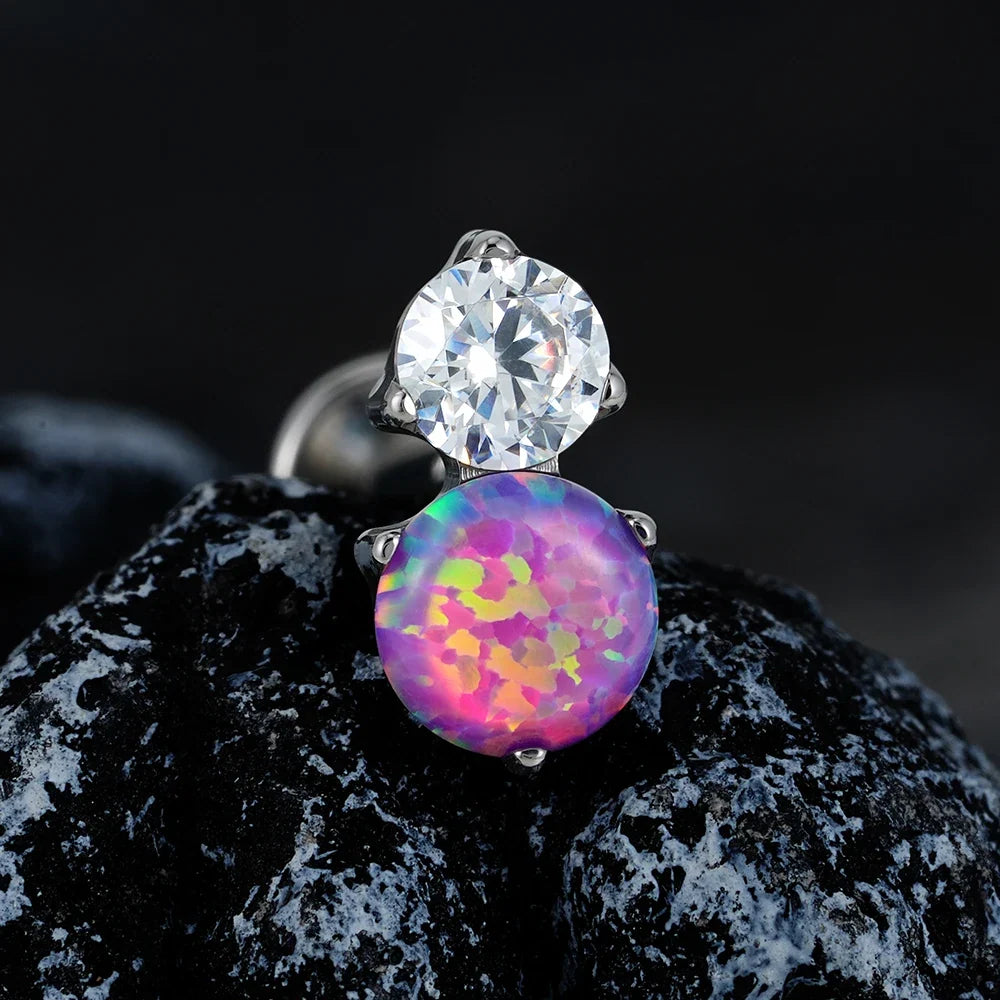Right Grand ASTM F136 Titanium Opal and CZ Lip Stud Helix Earring 16G Internally Threaded Tragus Cartilage Conch Labret Piercing