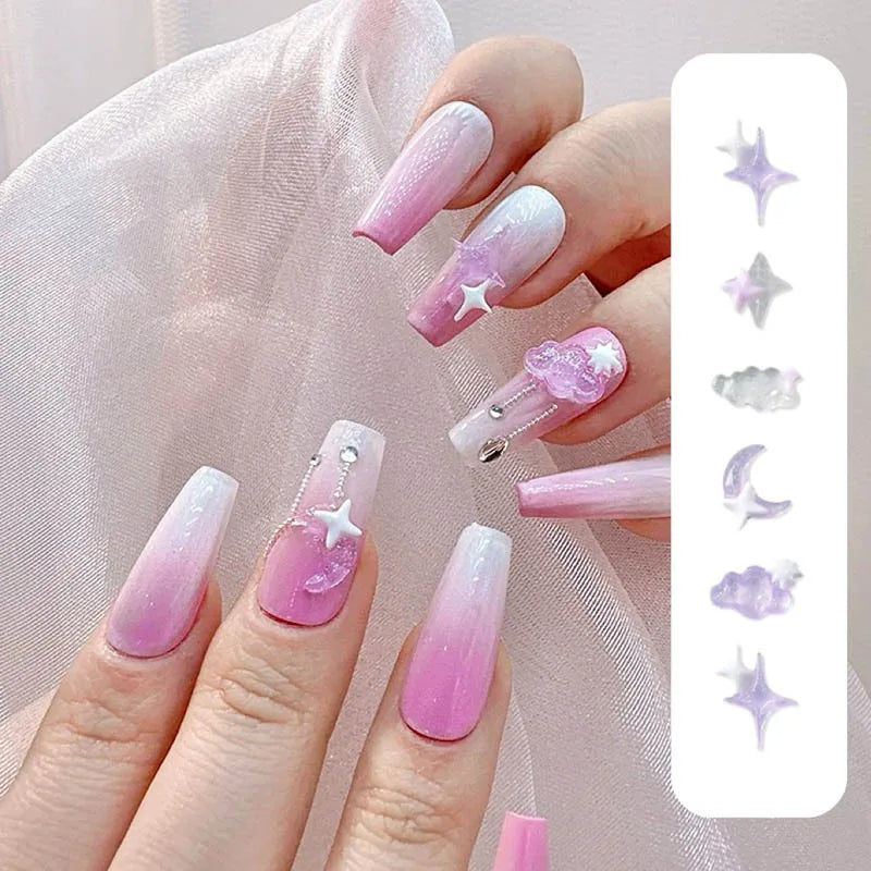 50PCS Transparent Resin Moon Cloud Nail Art Charms with White Purple Sparkling Four-pointed Star Nail Decoration DIY Nail Crafts