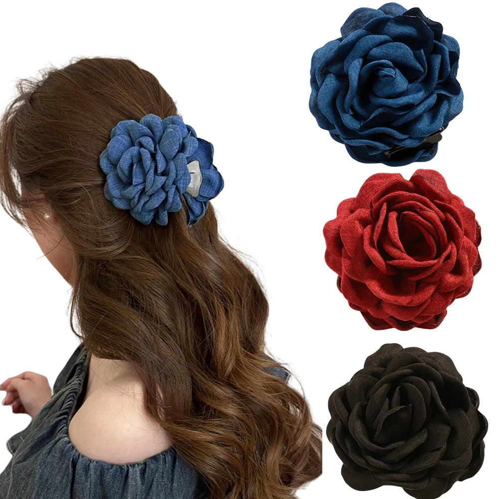 16 Colors Sweat Medium Size Cotton Fabric Rose Flower Hair Claw Clips for Women Korean Ctach Shark Clamp Hair Accessories 2024