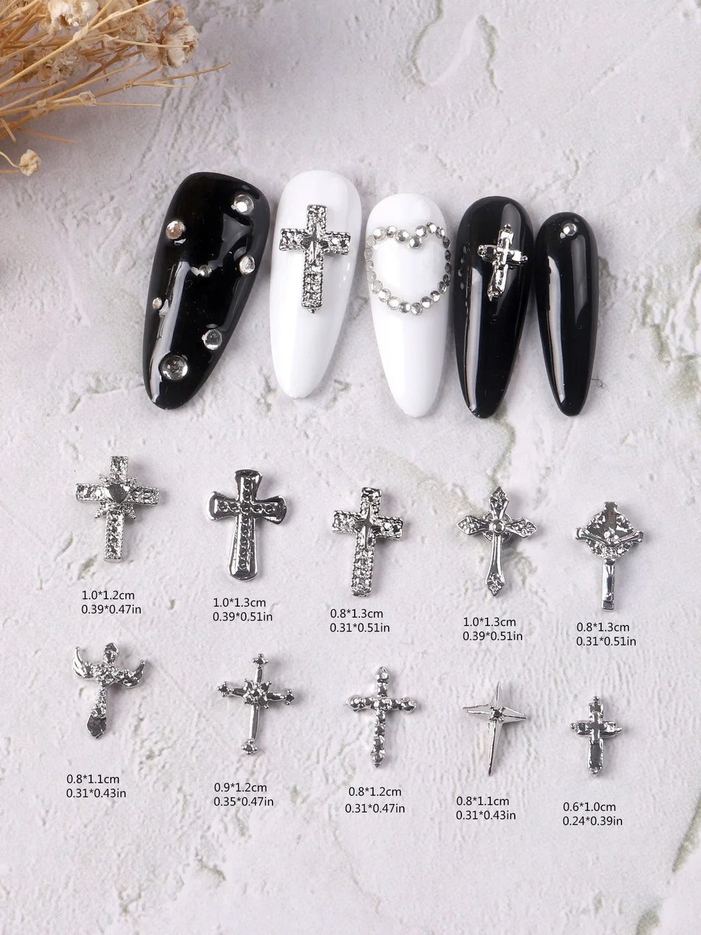 50pcs Punk Mix Shape Silver Cross Nail Art Charms INS 3D Cross with Wing Heart Nail Decoration Accessories DIY Design