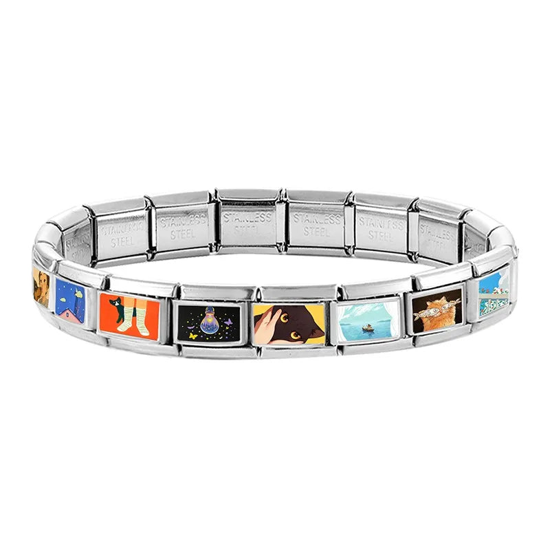 Y2K Original Design Cute Cat Fish Girl Kiss Dog Animals Italian Charm Links 9mm Bracelets Bangle Stainless Steel DIY Making Gift