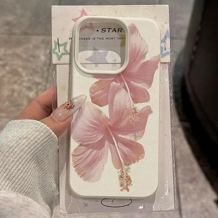 Pink Hibiscus Elegant High Aesthetic Phone Case For iPhone 16 Pro Max 15 14 13 12 11 16 15 14 Plus Anti-Drop Protective Cover