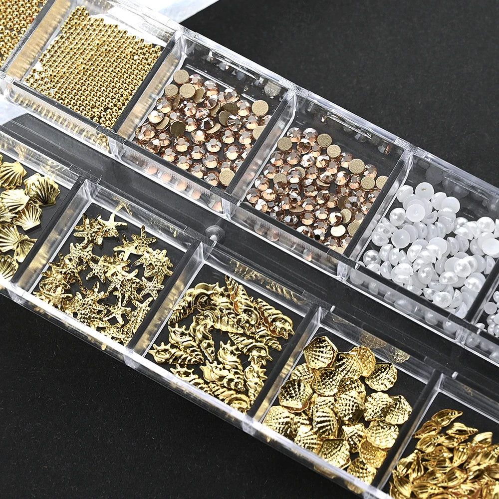 12Grids Ocean Gold Nail Art Charms Shell/Seahorse/Starfish White Half Round Pearl Gems 3D Mixed Punk Manicure Metal Rivets Studs