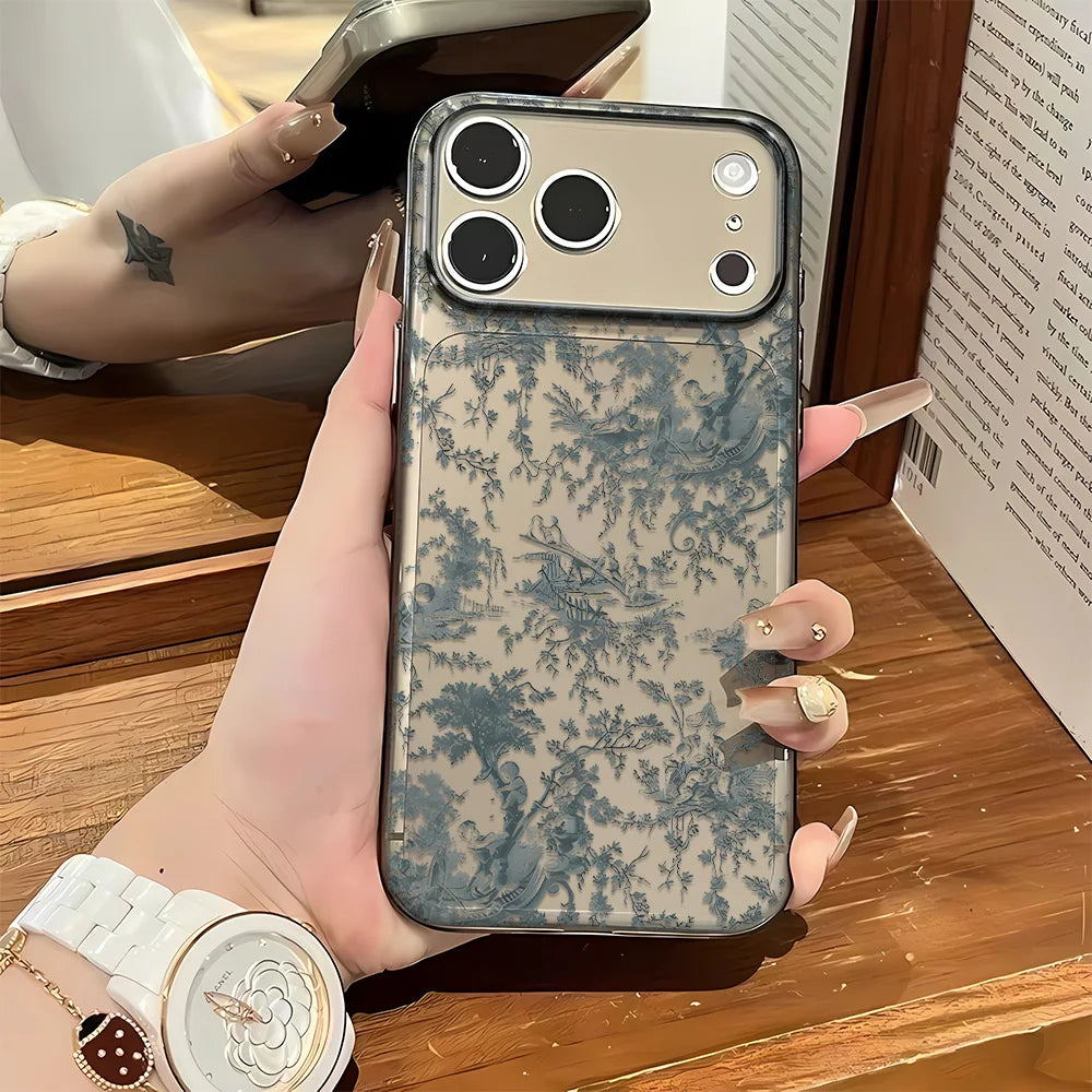 Cute Blue Floral Pattern Shockproof Case For iPhone 17 Air 16 15 Plus 14 13 12 11 Pro Max Plus Bumper Cover